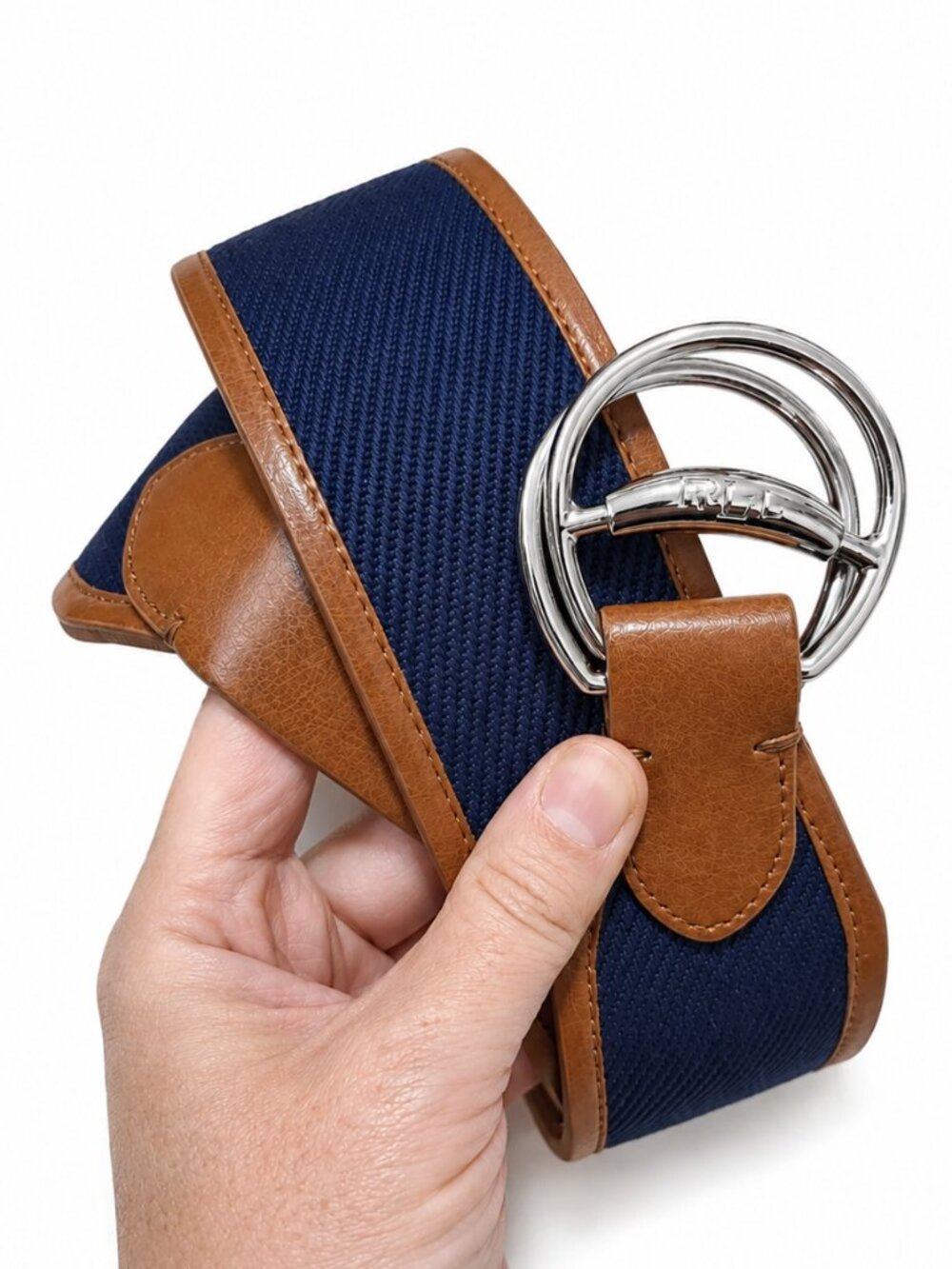 LAUREN RALPH LAUREN Faux Leather & Canvas Waist Belt Buckle Blue Brown Womens XL